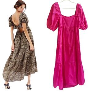 Minkpink Yasamin Puff Sleeve Tiered Midi Dress Rasberry NWT XL